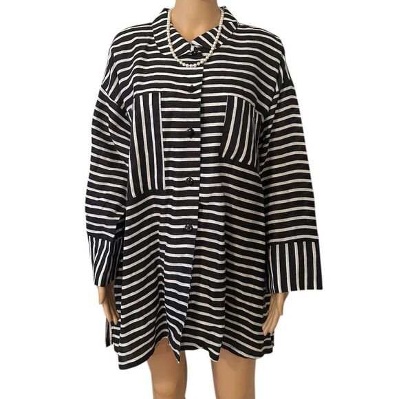 IC by Connie K Women’s Size XL Black and White Striped Button up Top - Picture 1 of 10